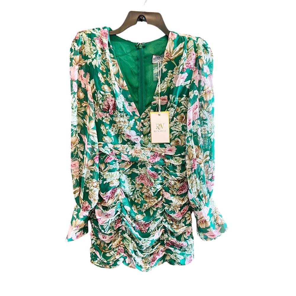 NWT Runaway The Label Green Dress Sm/4 Floral Ruched Long Sleeves Mini Ruffles